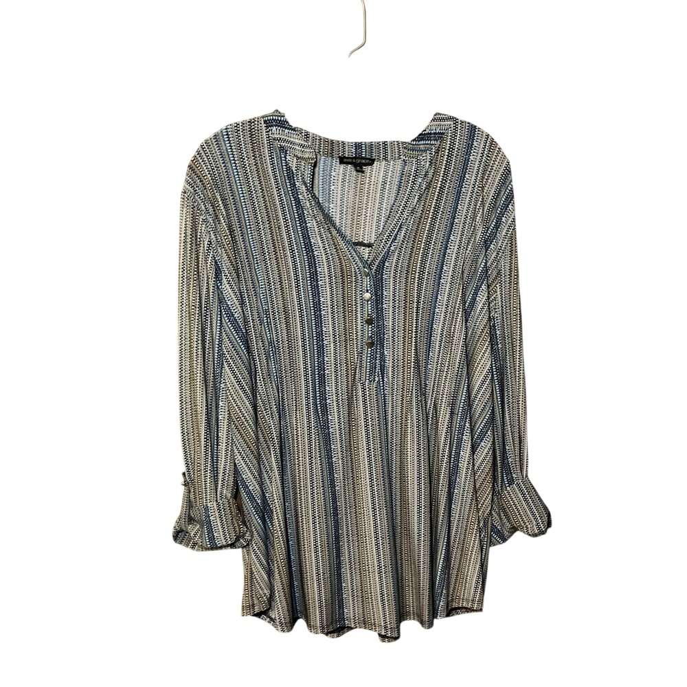 Ava & Grace Boho Blouse Women XL Blue Tan  Casual Striped Roll Tab V-Neck Tunic